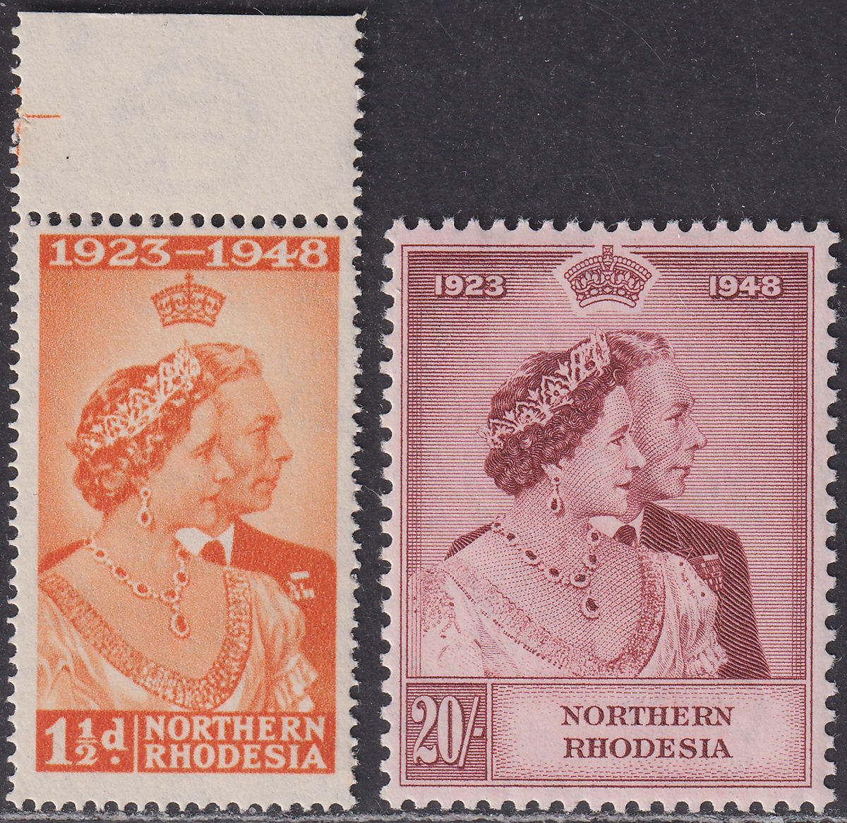 Northern Rhodesia 1948 KGVI Royal Silver Wedding 1½d, 20sh Mint SG48-49 cat£120