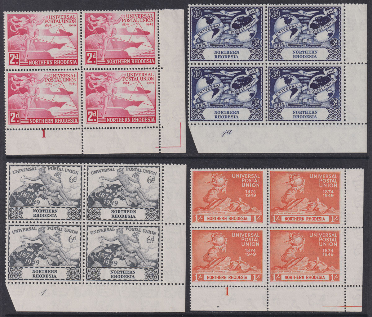 Northern Rhodesia 1949 KGVI 75th Anniv of UPU Plate No Block Set Mint SG50-53