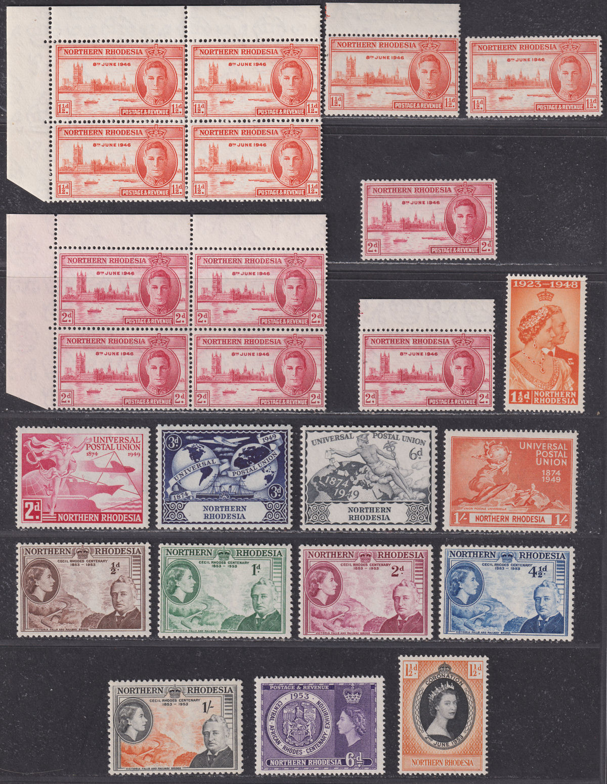 Northern Rhodesia 1946-53 KGVI-QEII Selection Mint inc UPU / Rhodes Centenary