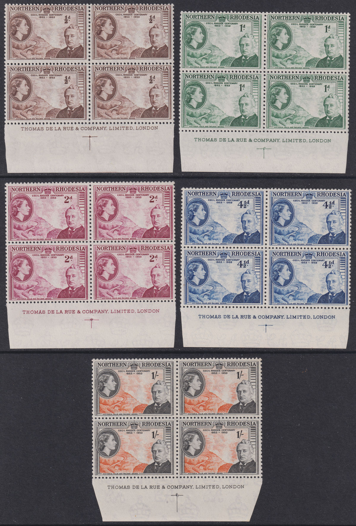 Northern Rhodesia 1953 QEII Centenary Cecil Rhodes Imprint Blk Set Mint SG54-58