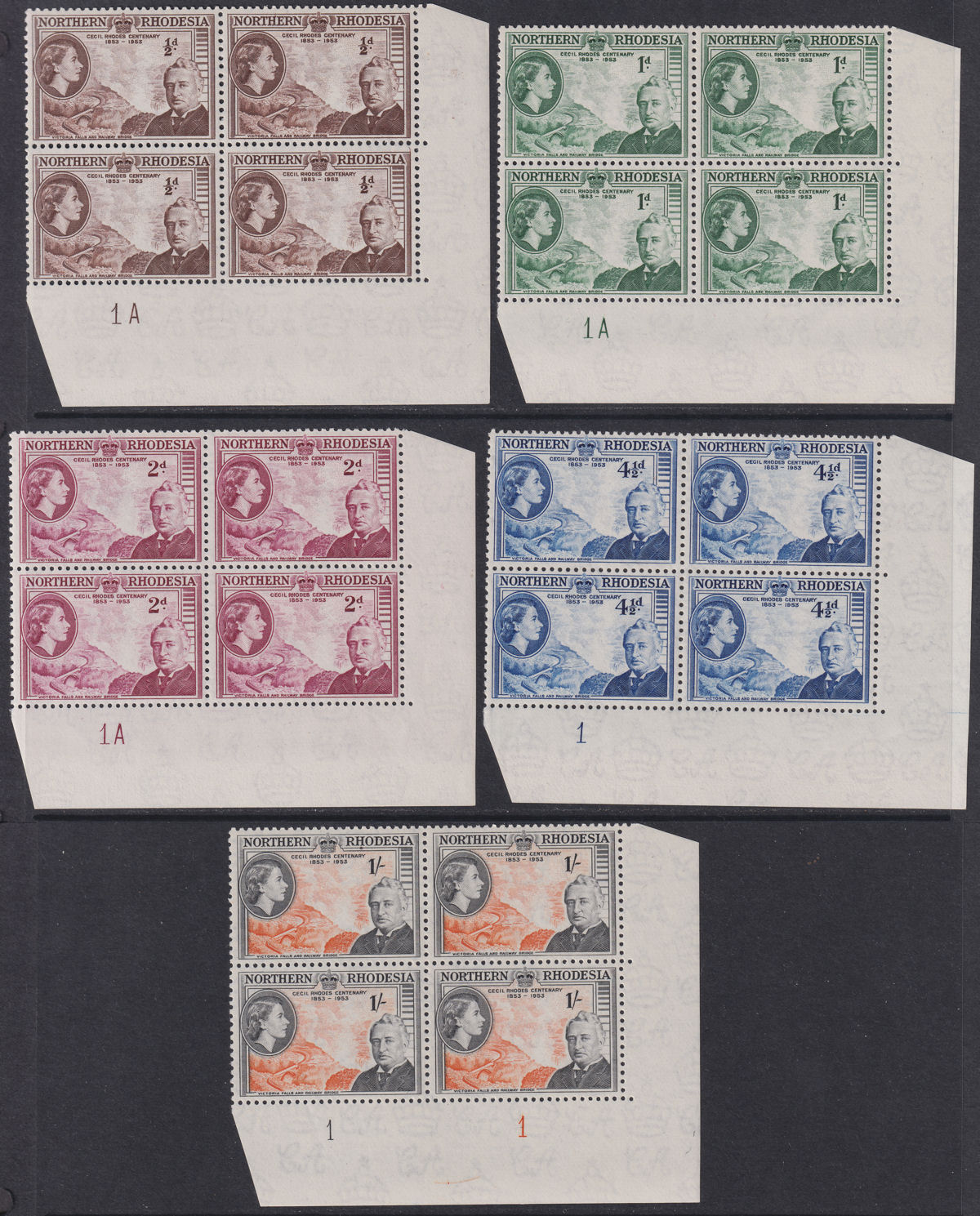 Northern Rhodesia 1953 QEII Centenary Cecil Rhodes Plate No Blk Set Mint SG54-58