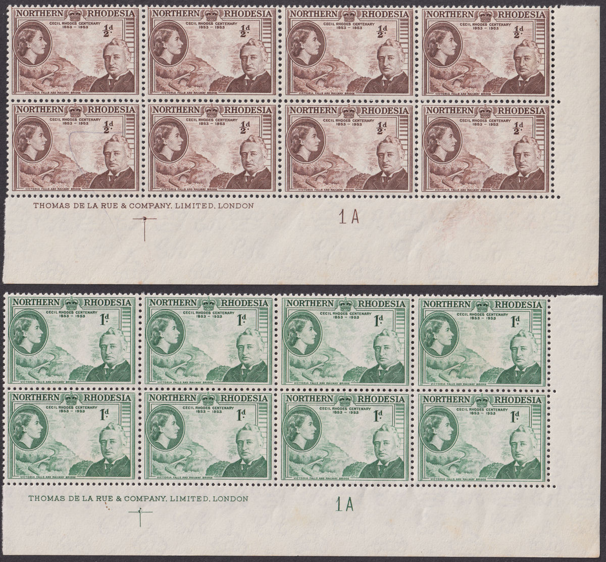 Northern Rhodesia 1953 Cecil Rhodes Imprint Plate No ½d 1d Blocks Mint SG54-55