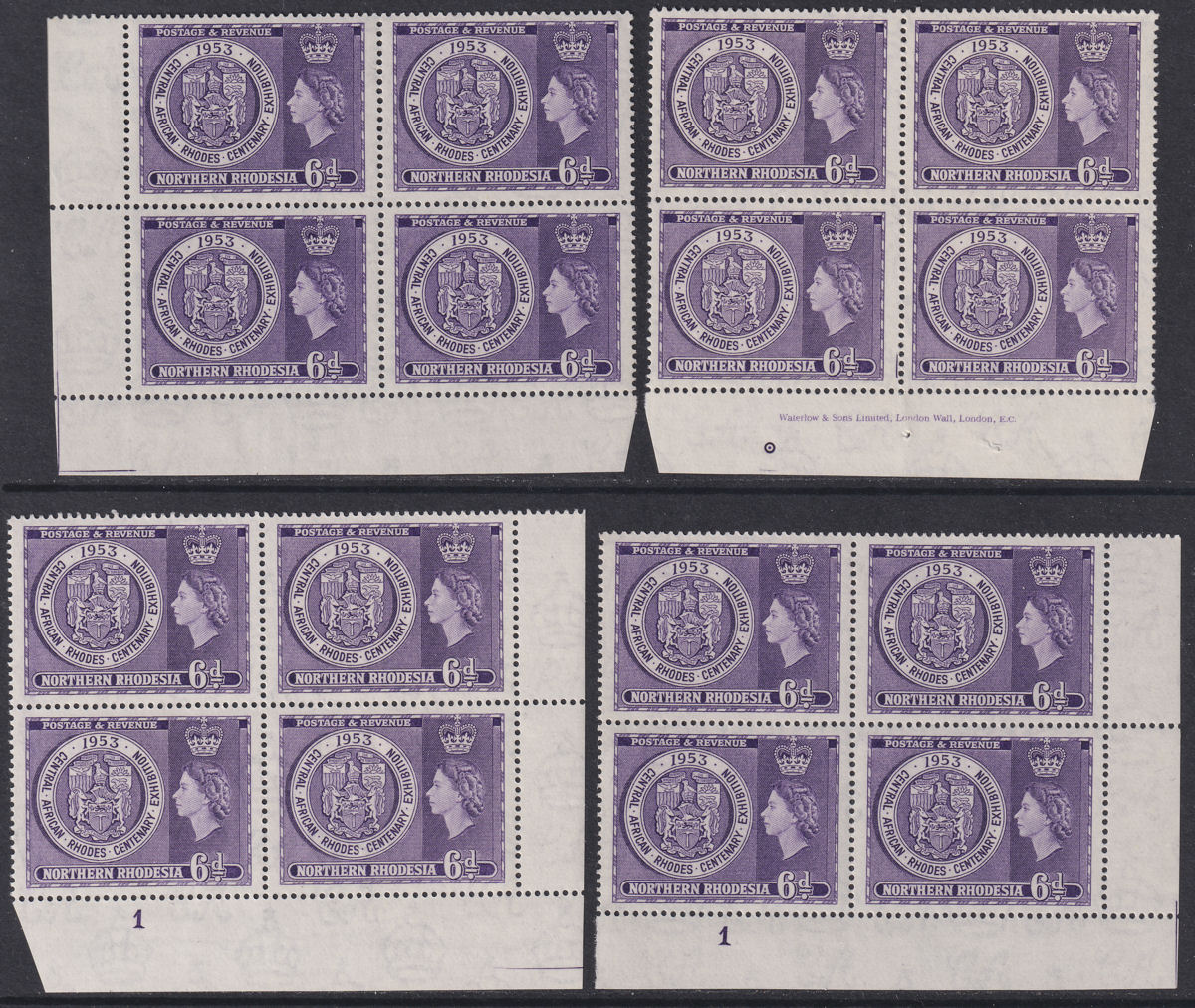 Northern Rhodesia 1953 QEII Rhodes Exhibition 6d Imprint + Pl Margin Blocks Mint