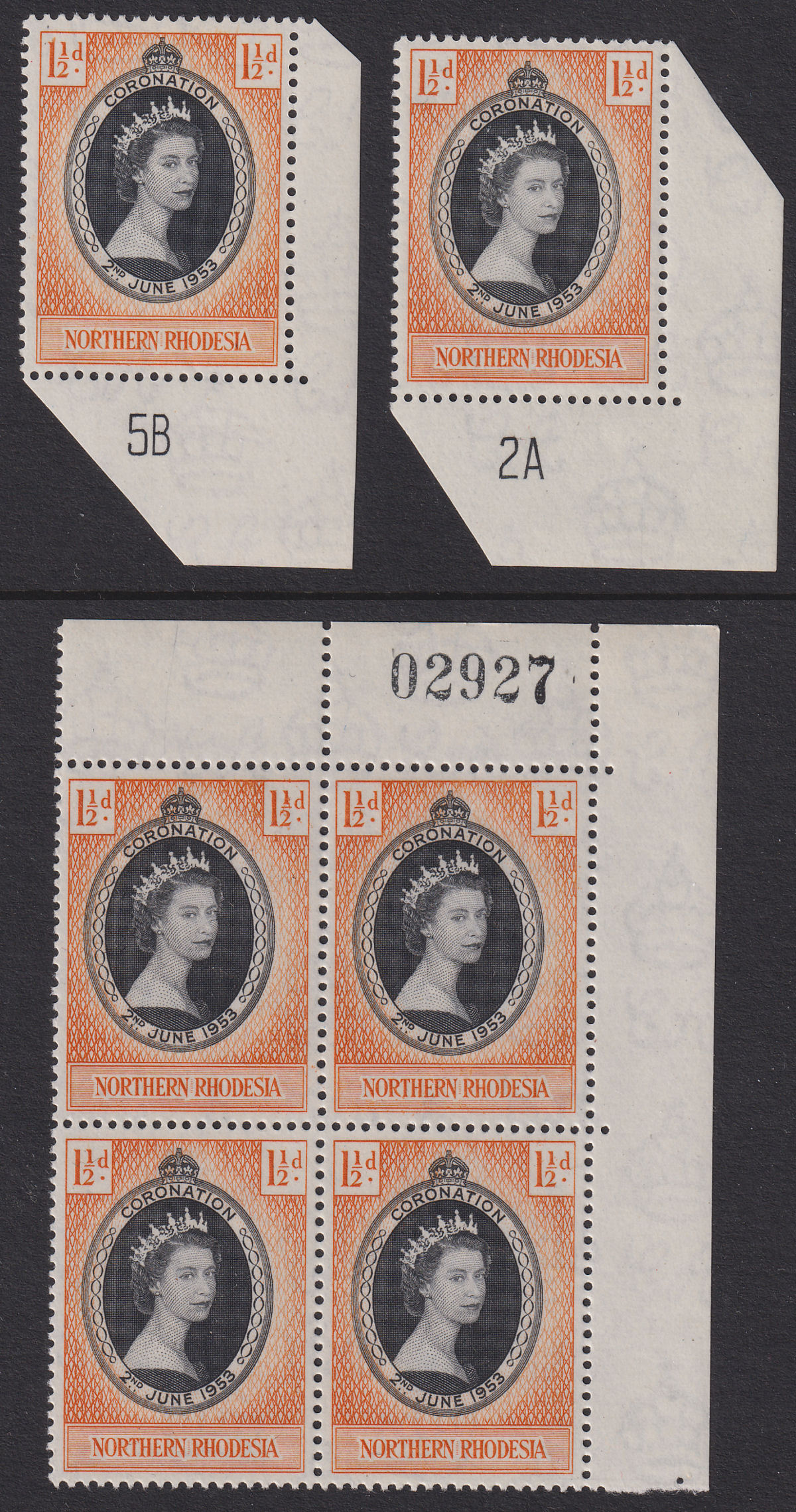 Northern Rhodesia 1953 QEII Coronation 1½d Selection with Plate / Sheet No Mint