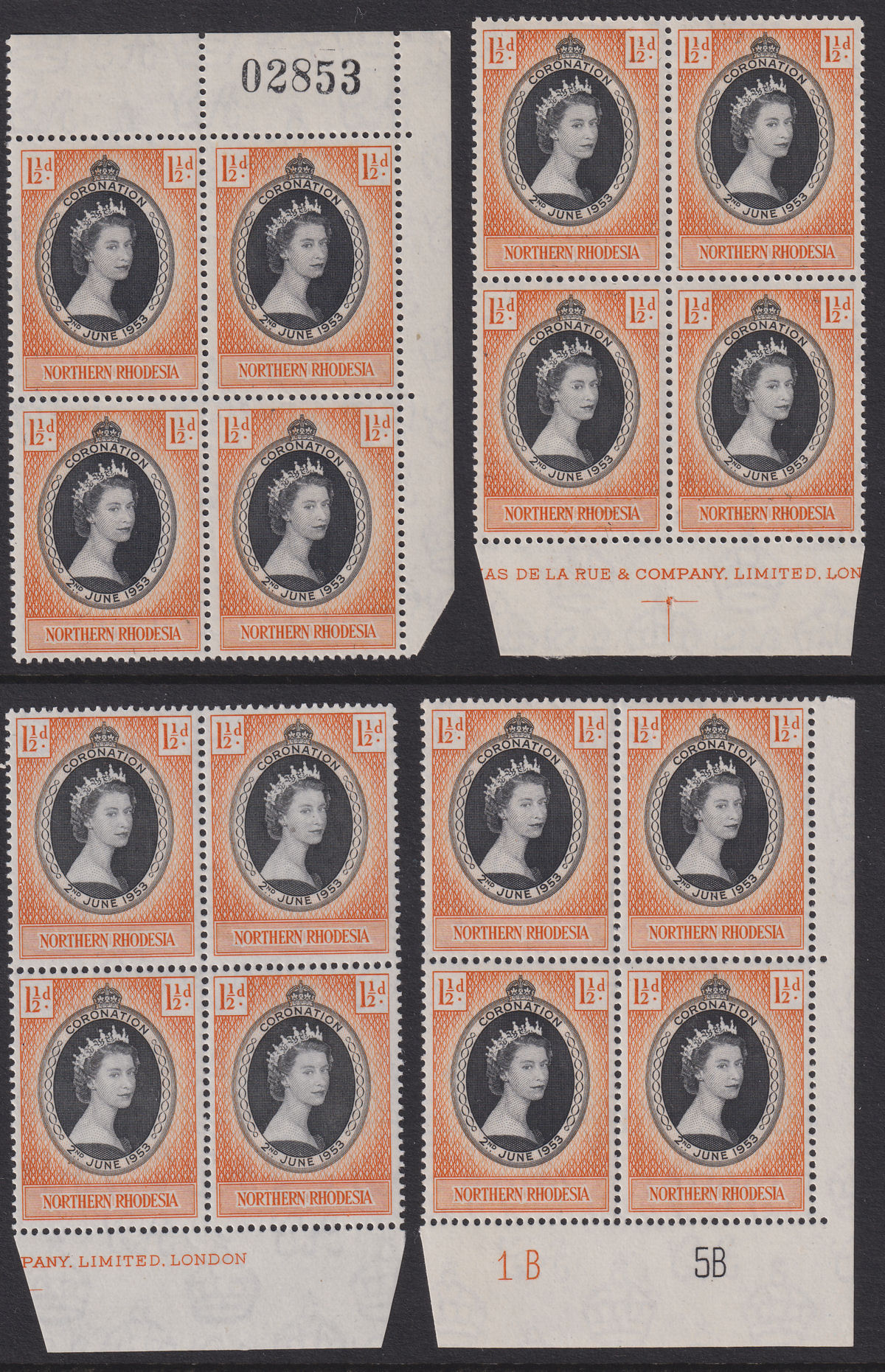 Northern Rhodesia 1953 QEII Coronation 1½d Blocks w Plate / Sheet / Imprint Mint