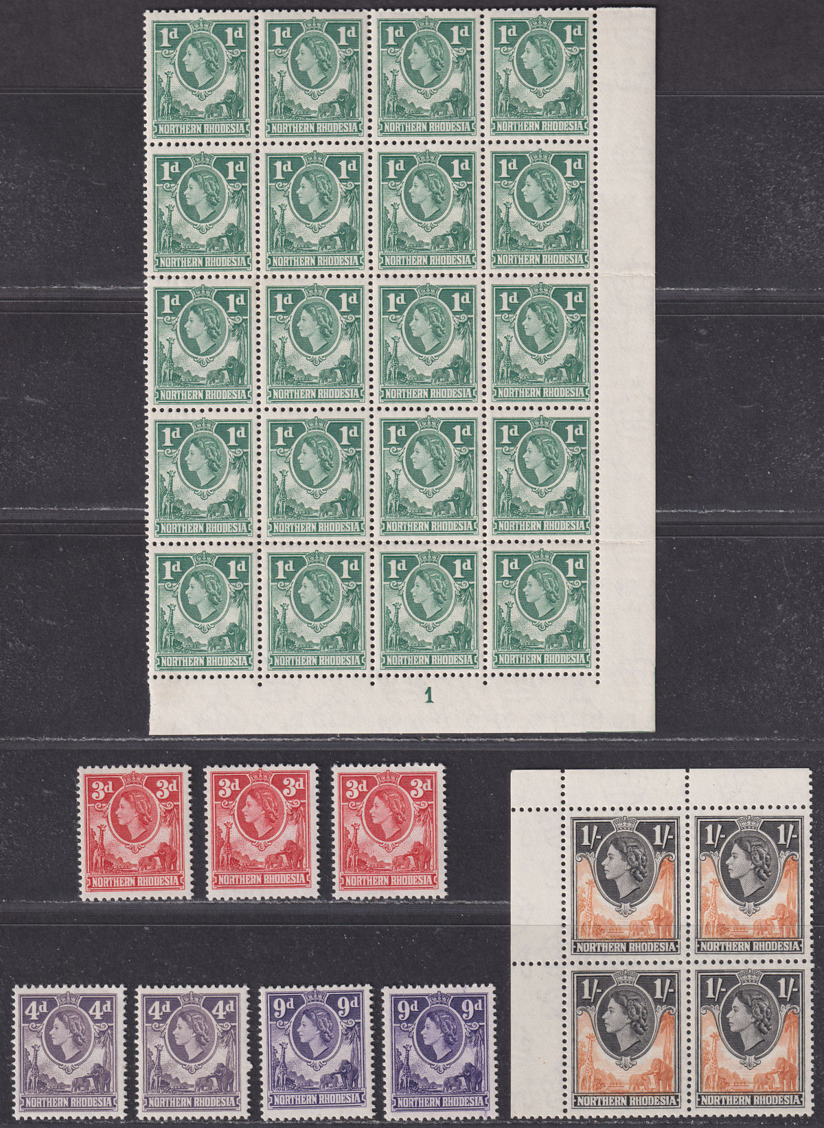 Northern Rhodesia 1953 Queen Elizabeth II Part Set to 1sh Mint inc two blocks