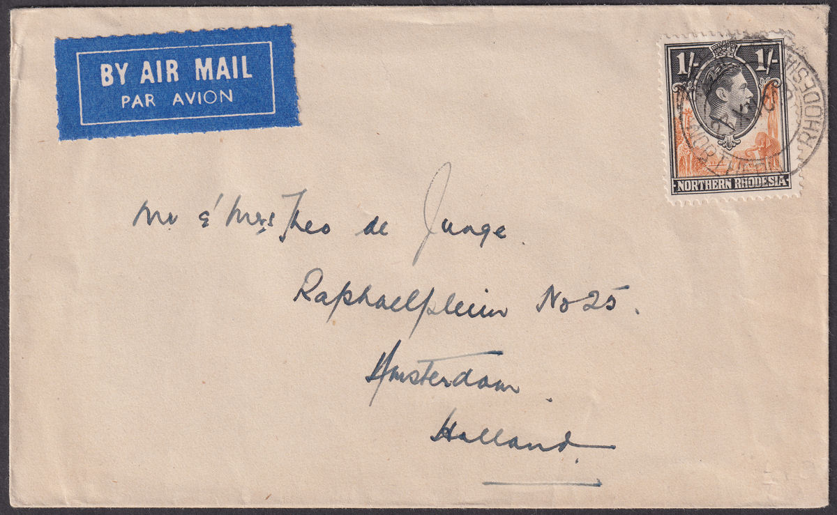 Northern Rhodesia 1948 KGVI 1sh Used on Airmail Cover RIDGEWAY to Amsterdam