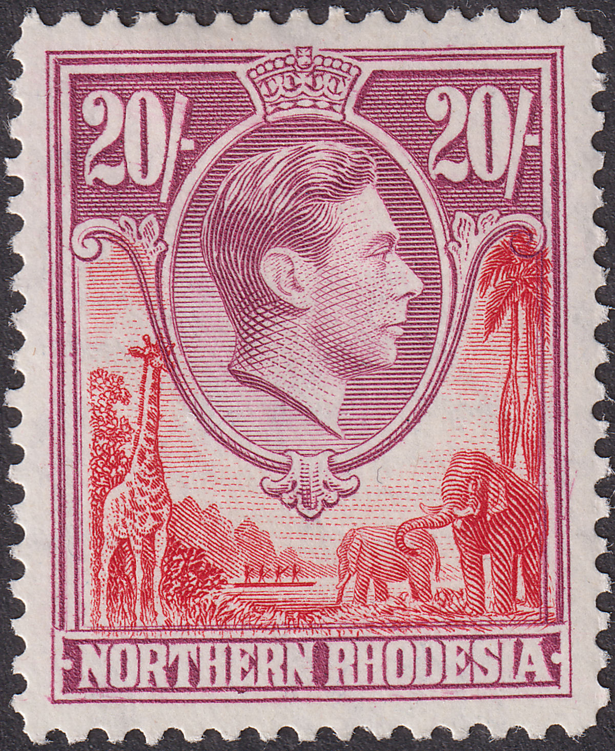 Northern Rhodesia 1938 KGVI 20sh Carmine-Red + Rose-Purple Mint SG45 cat £70