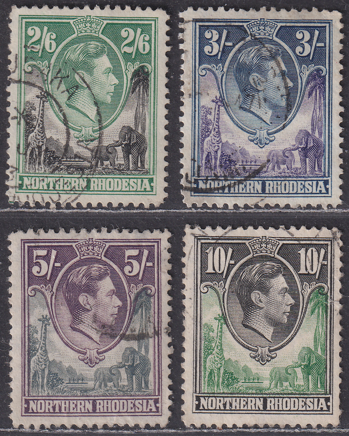 Northern Rhodesia 1938 King George VI 2sh6d, 3sh, 5sh, 10sh Used SG41-44 cat £90