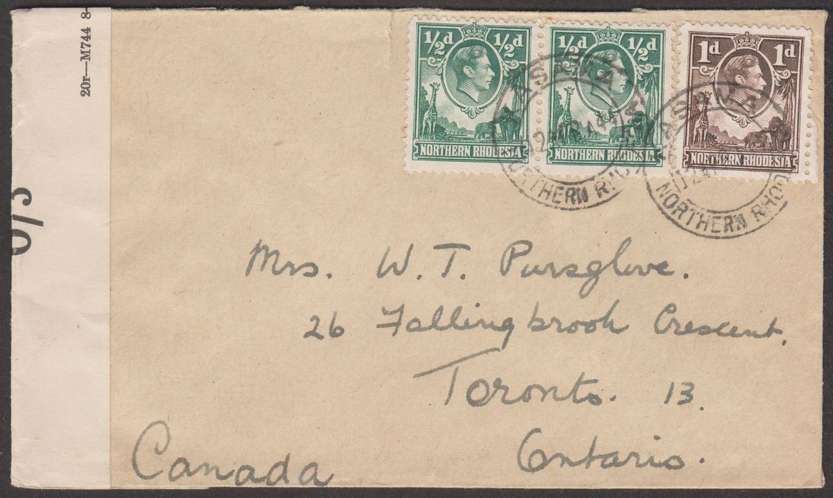 Northern Rhodesia 1944 KGVI 1d, ½d x 2 Used on Censor Cover KASAMA to Canada