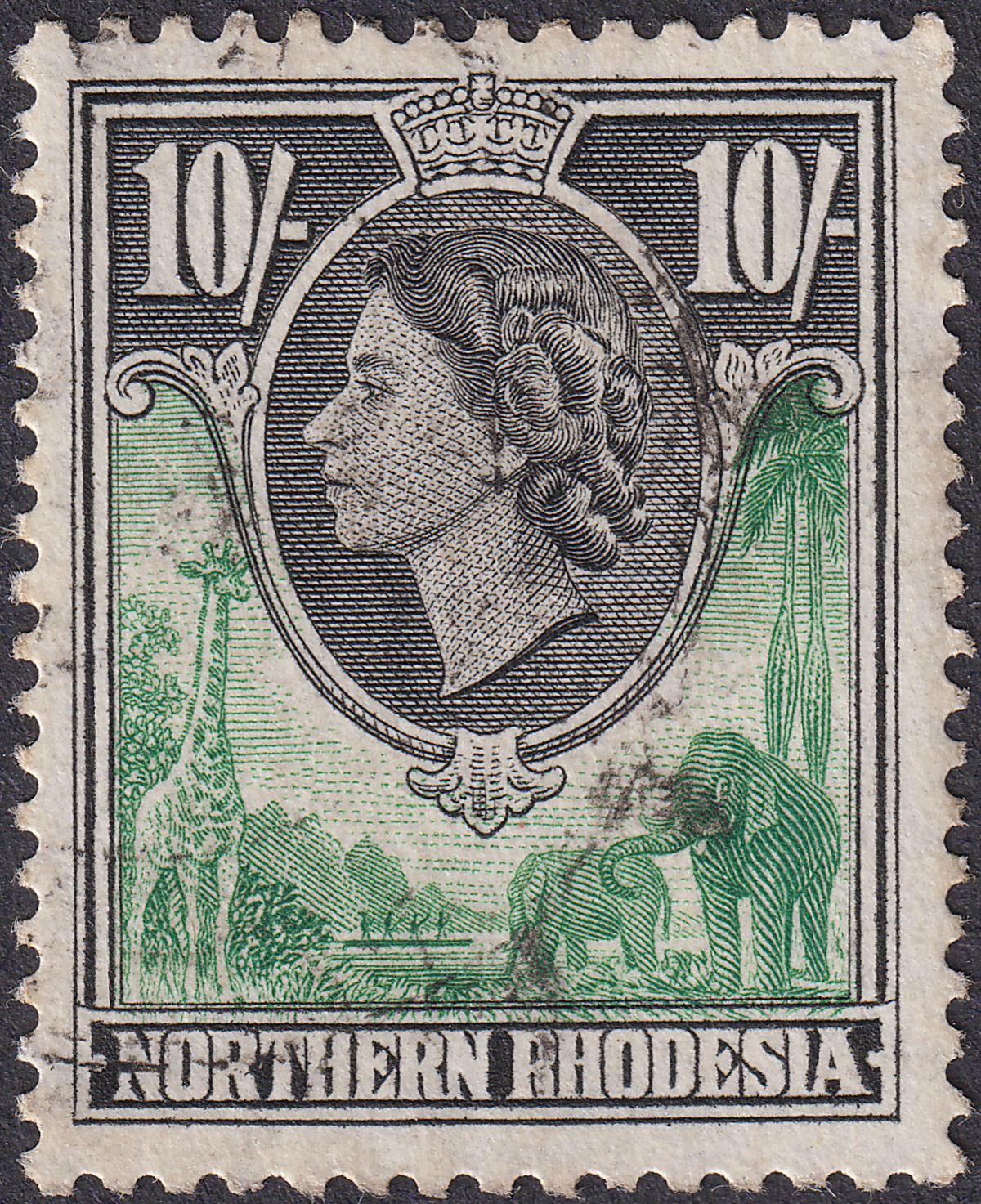 Northern Rhodesia 1953 QEII 10sh Green and Black Used SG73 cat £42