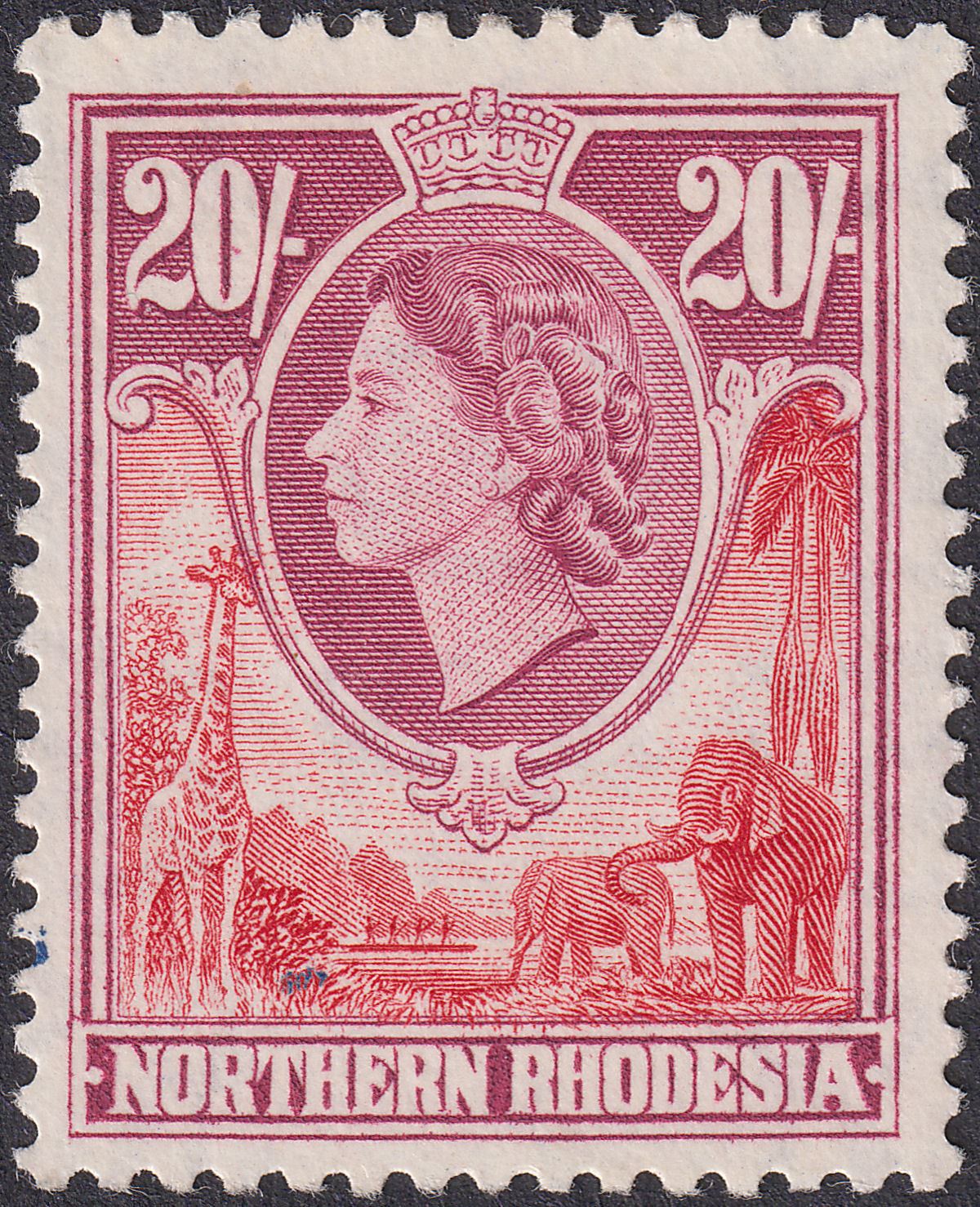 Northern Rhodesia 1953 QEII 20sh Rose-Red and Rose-Purple Mint SG74 cat £40