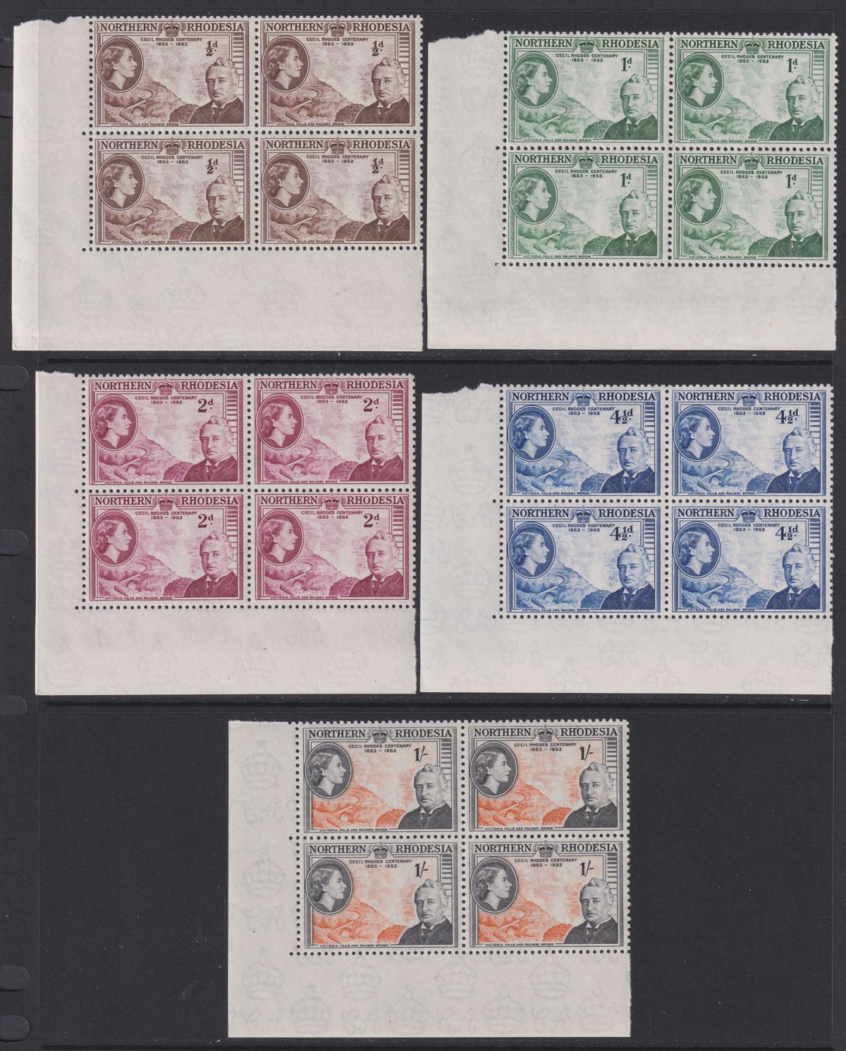 Northern Rhodesia 1953 QEII Birth Centenary Cecil Rhodes Block Set Mint SG54-58