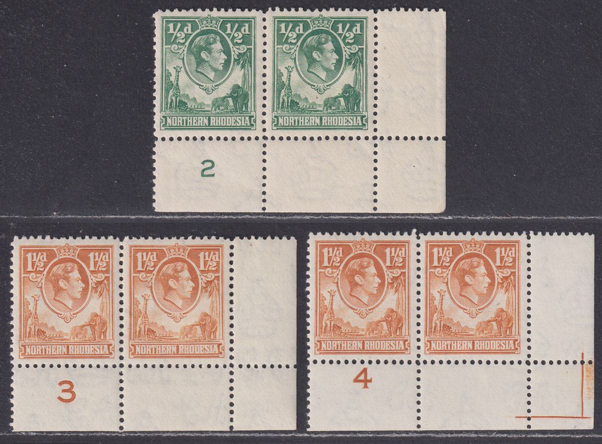 Northern Rhodesia 1938-41 KGVI ½d, 1½d Plate Number Pairs Mint SG25 SG30