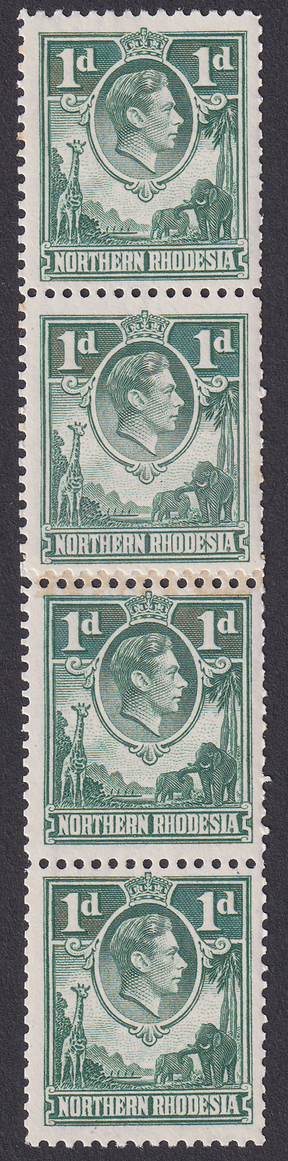 Northern Rhodesia 1951 KGVI 1d Green Strip of 4 with Coil Join Mint SG28