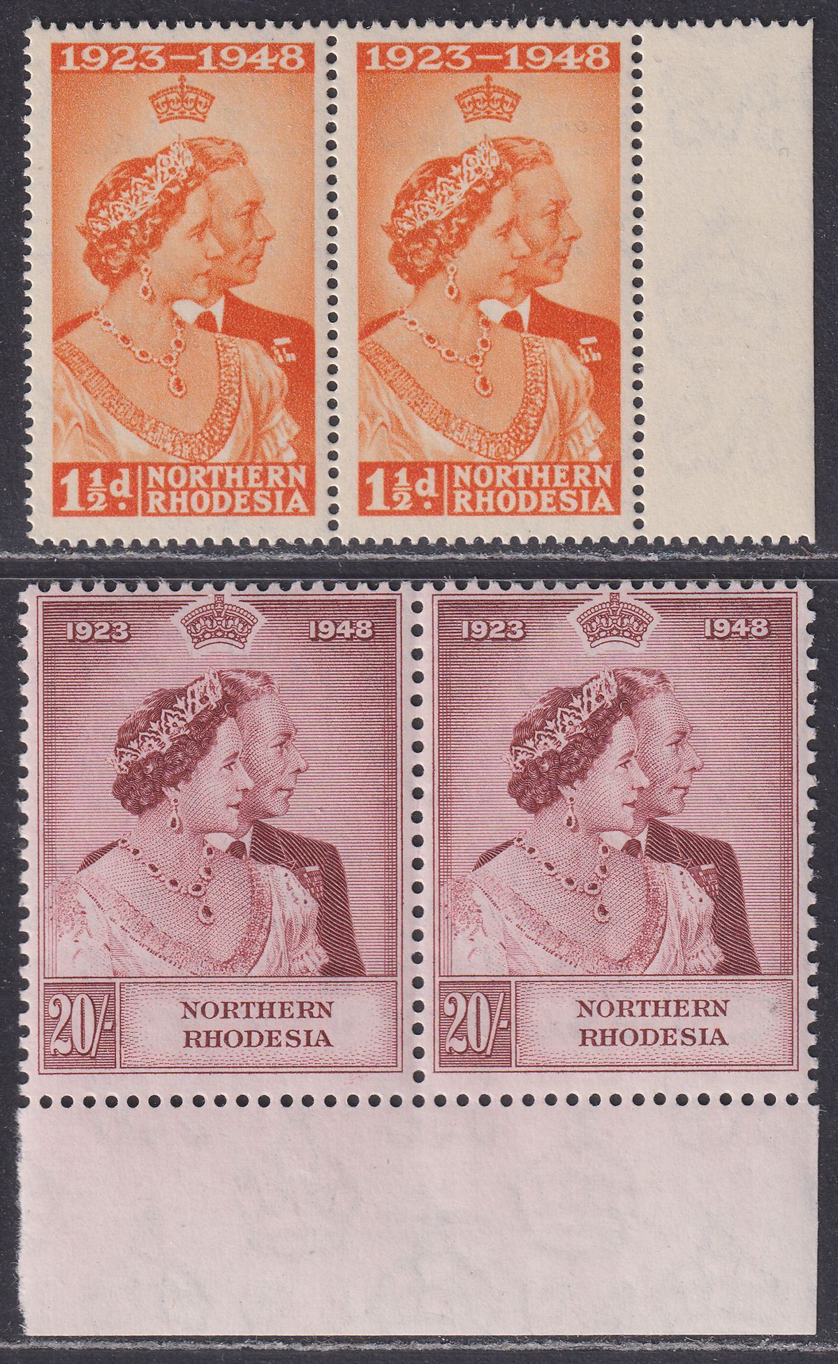 Northern Rhodesia 1948 KGVI Royal Silver Wedding 1½d 20sh Prs Mint SG48-49 c£240
