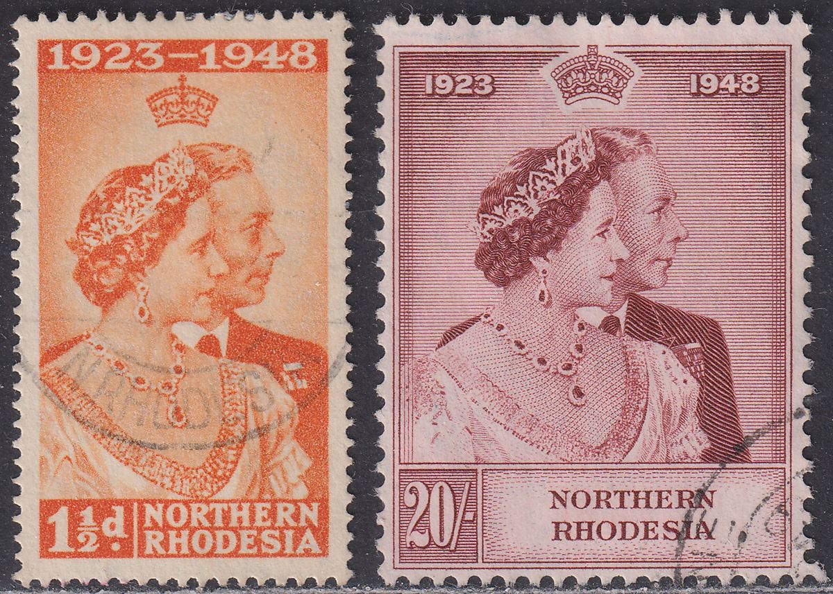 Northern Rhodesia 1948 KGVI Royal Silver Wedding 1½d, 20sh Used SG48-49 cat £110