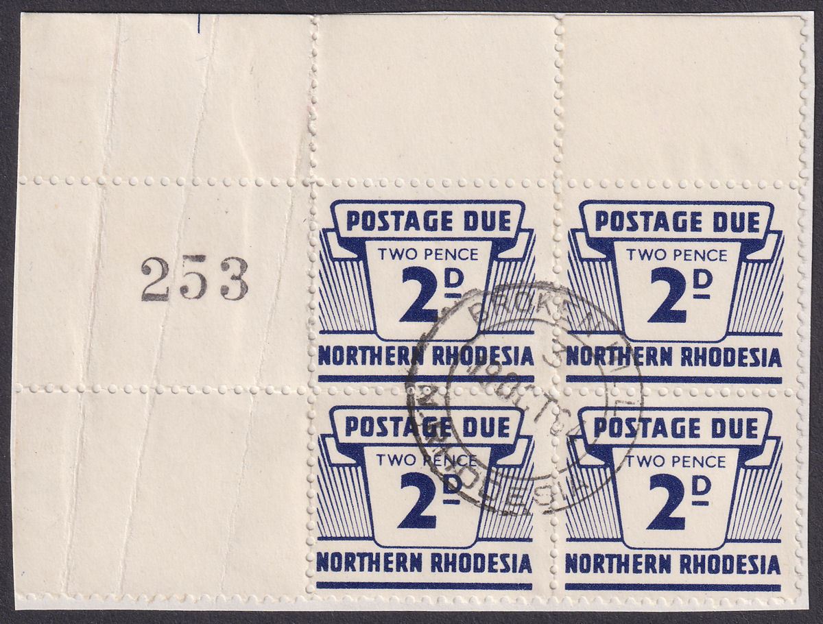 Northern Rhodesia 1963 QEII Postage Due 2d Block of 4 w Sheet No Used on Piece