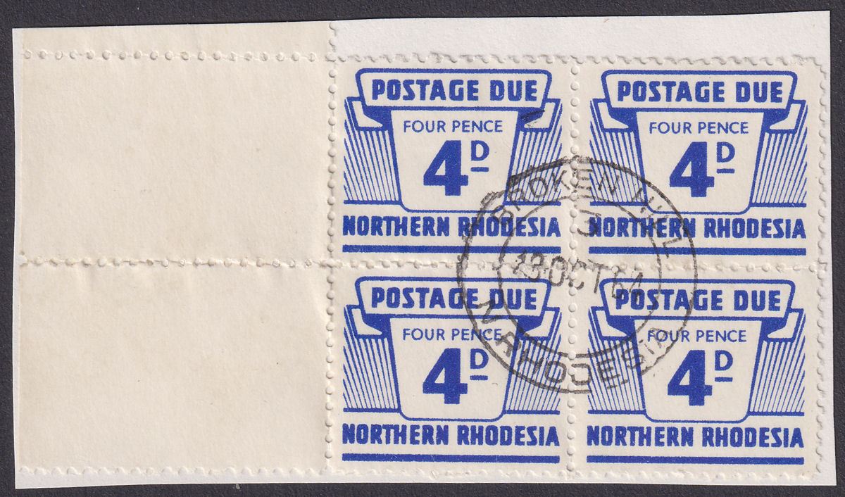 Northern Rhodesia 1963 QEII Postage Due 4d Block of 4 Used on Piece SG D8 c£96