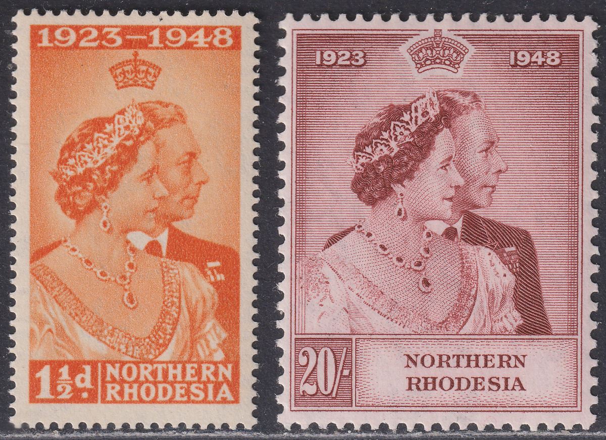 Northern Rhodesia 1948 KGVI Royal Silver Wedding 1½d, 20sh Mint SG48-49 cat £120