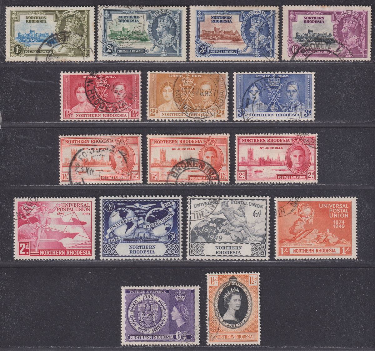 Northern Rhodesia 1935-53 KGV-QEII Selection Used Silver Jubilee, Coronation UPU