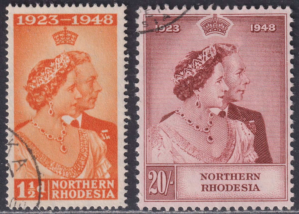 Northern Rhodesia 1948 KGVI Royal Silver Wedding 1½d, 20sh Used SG48-49 cat £110