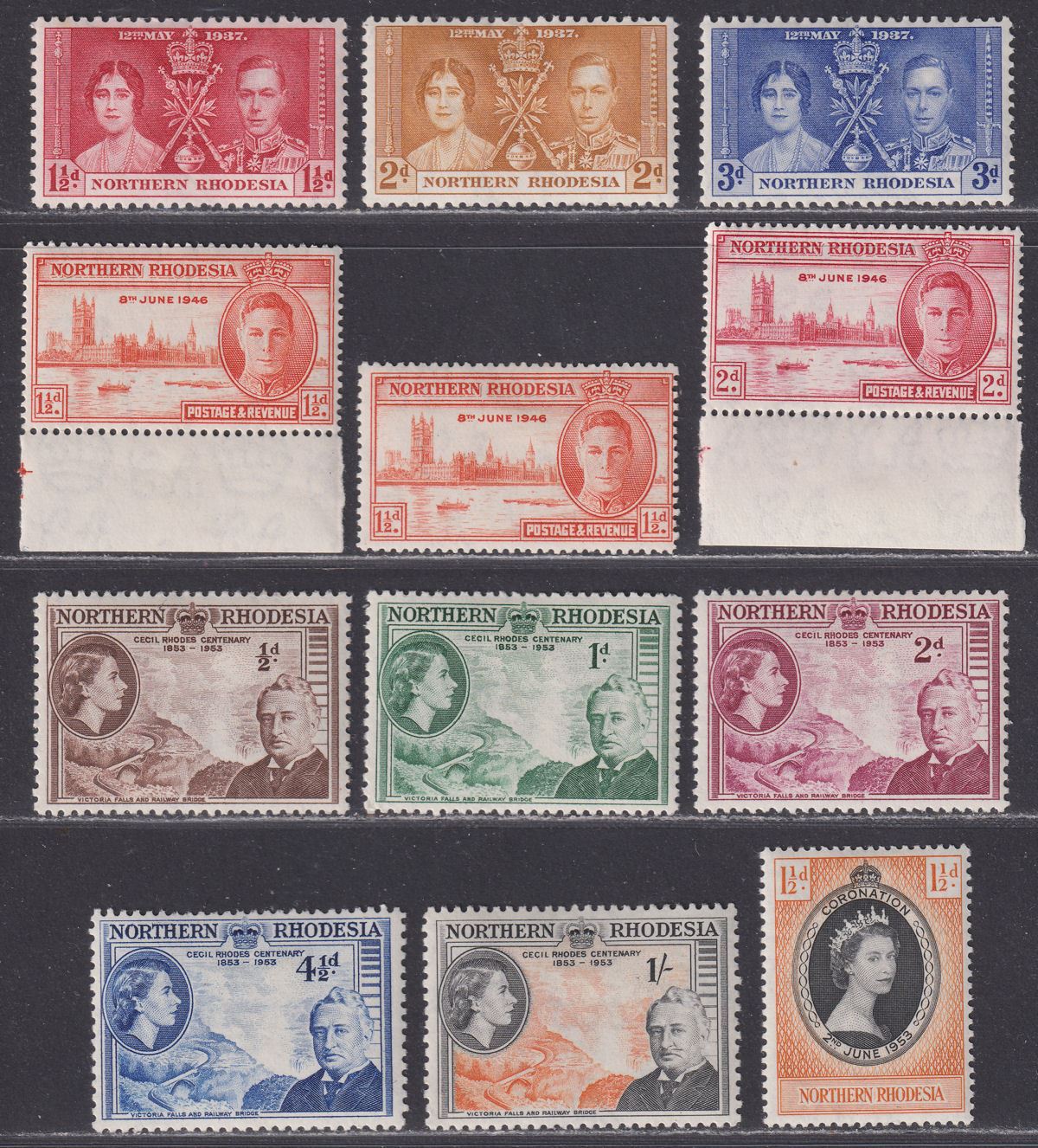 Northern Rhodesia 1937-53 KGVI-QEII Selection Mint inc Rhodes Centenary