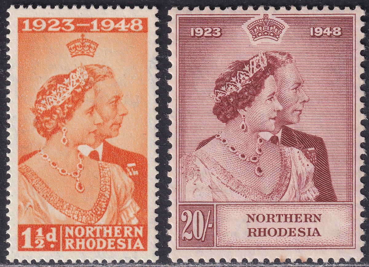 Northern Rhodesia 1948 KGVI Royal Silver Wedding 1½d, 20sh Mint SG48-49 cat £120