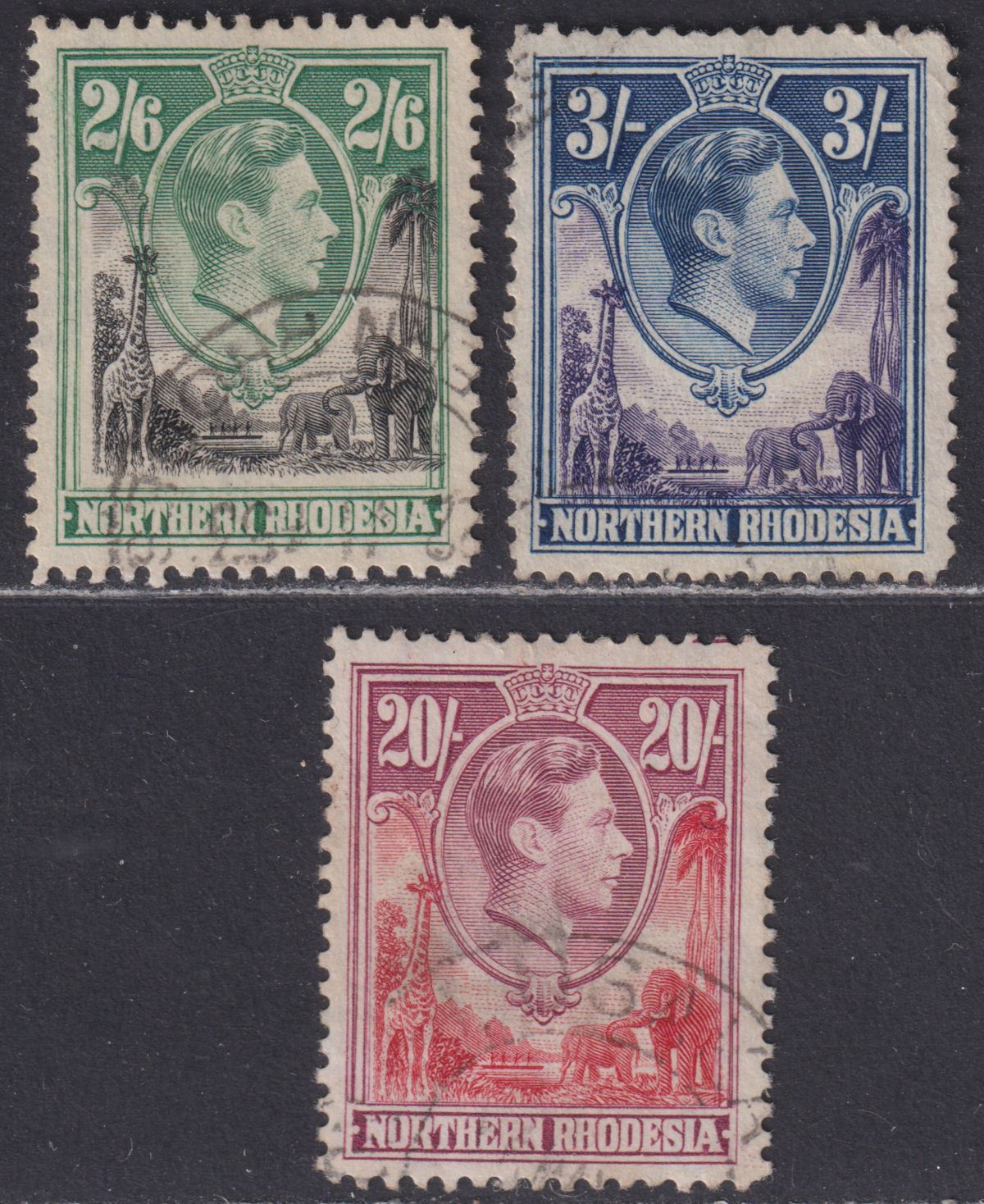 Northern Rhodesia 1938 King George VI 2sh6d, 3sh, 20sh Used SG41-42 SG45 cat£100