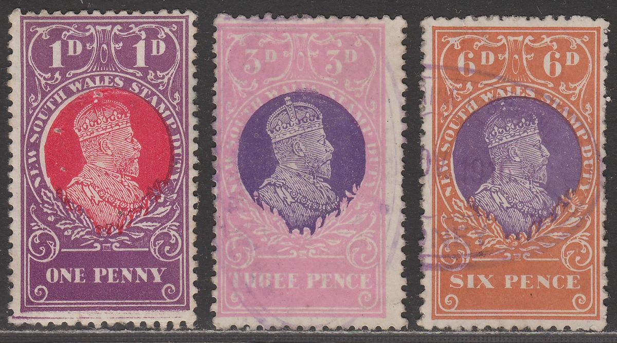 New South Wales 1914 KEVII Revenue Stamp Duty 1d, 3d, 6d Used