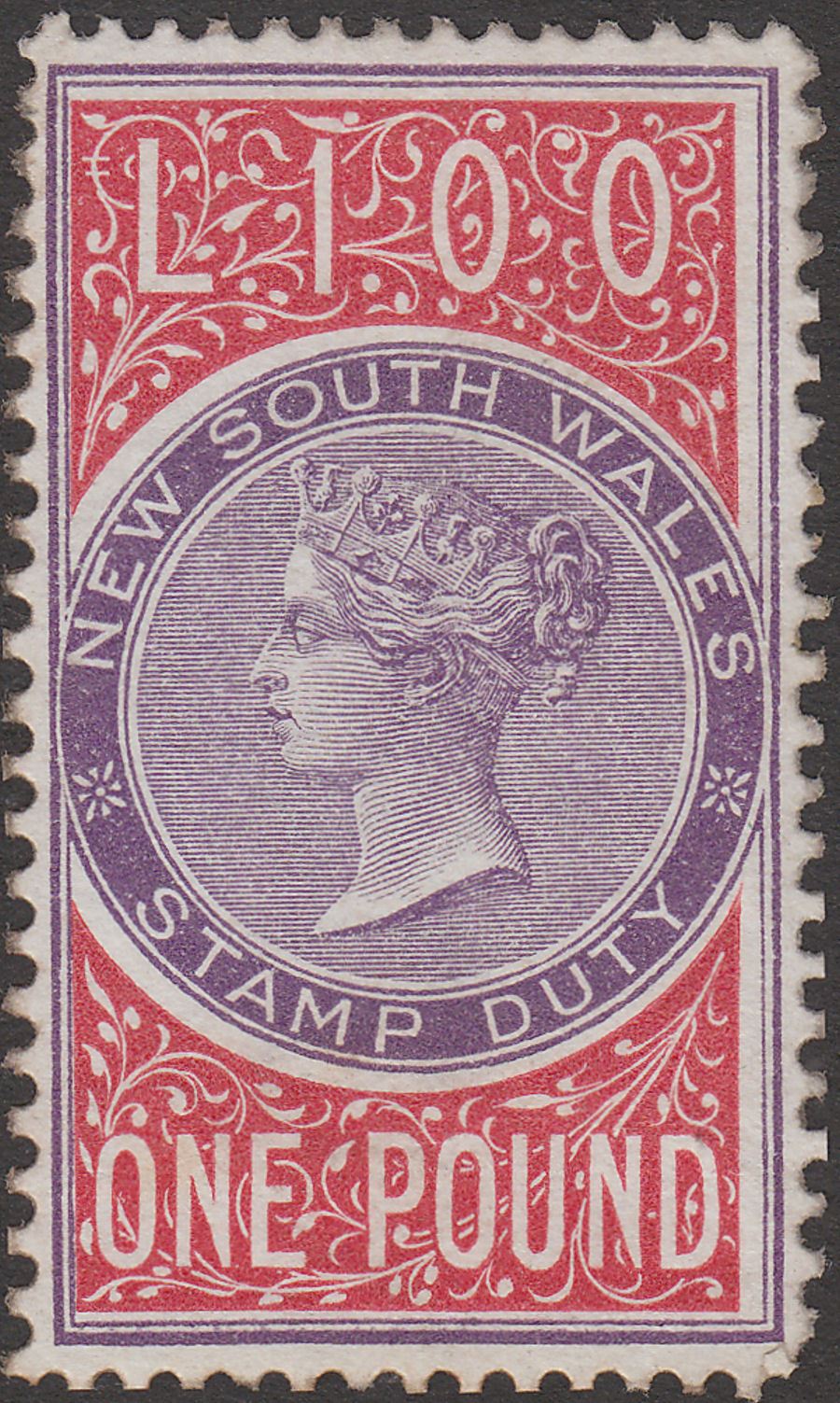 New South Wales 1868 QV Revenue Stamp Duty £1 Red and Lilac Uncancelled
