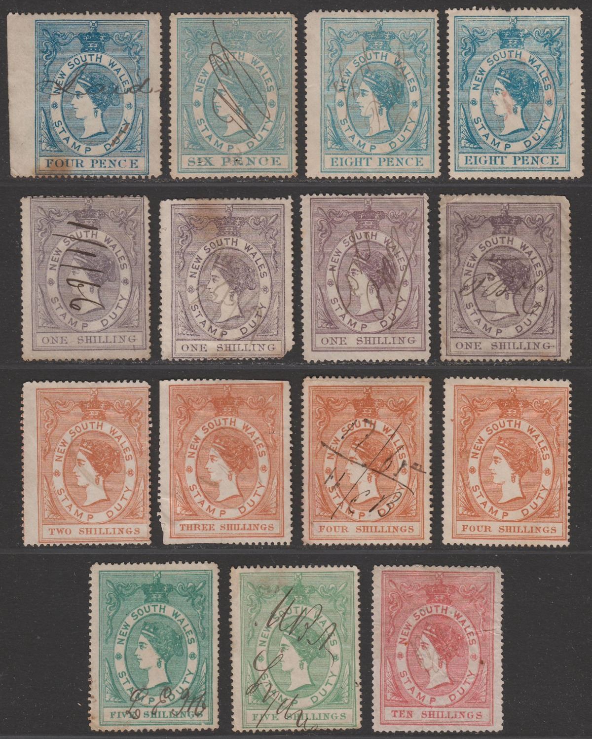 New South Wales 1866 QV Revenue Stamp Duty Selection to 10sh Used