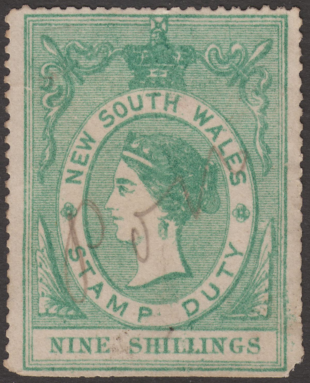 New South Wales 1866 QV Revenue Stamp Duty 9sh Green Used BF15