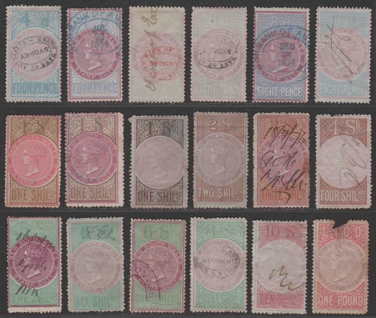 New South Wales 1866-1901 QV Revenue Stamp Duty Selection to £1 Used
