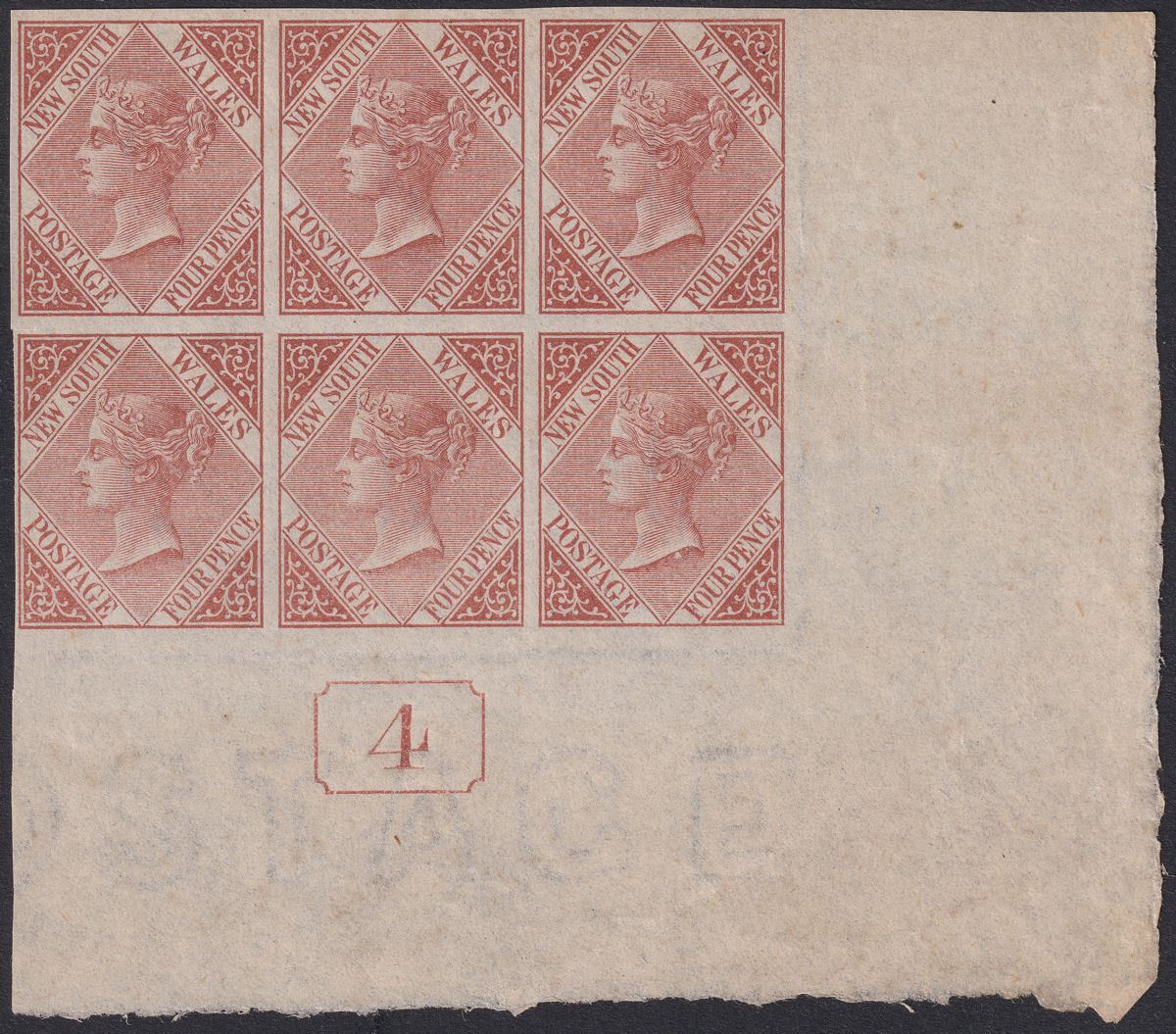 New South Wales 1867 QV 4d Imperforate watermarked Proof Block Unused SG203P