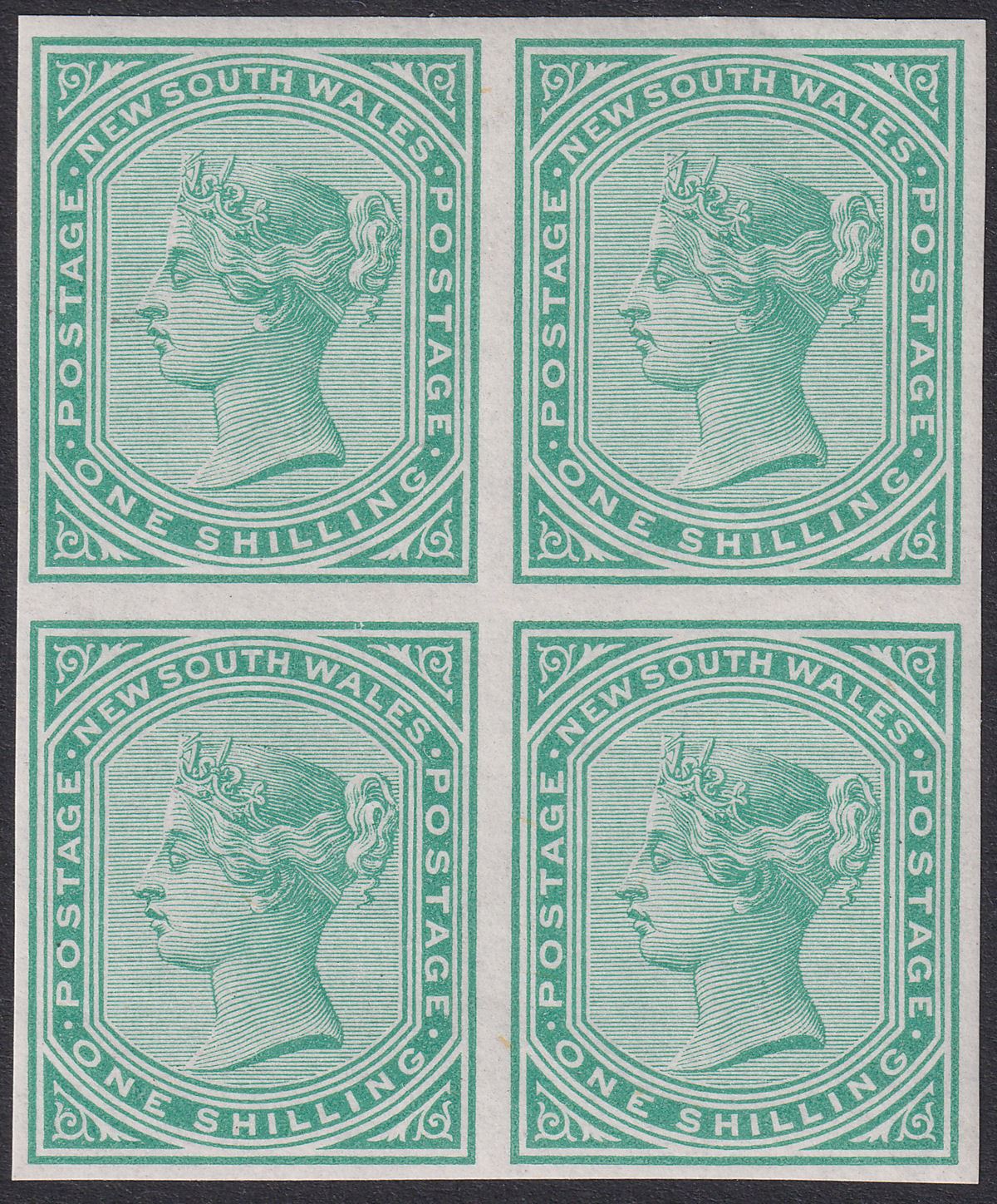 New South Wales 1876 QV 1sh Imperforate Colour Trial Block of 4 Mint SG221P