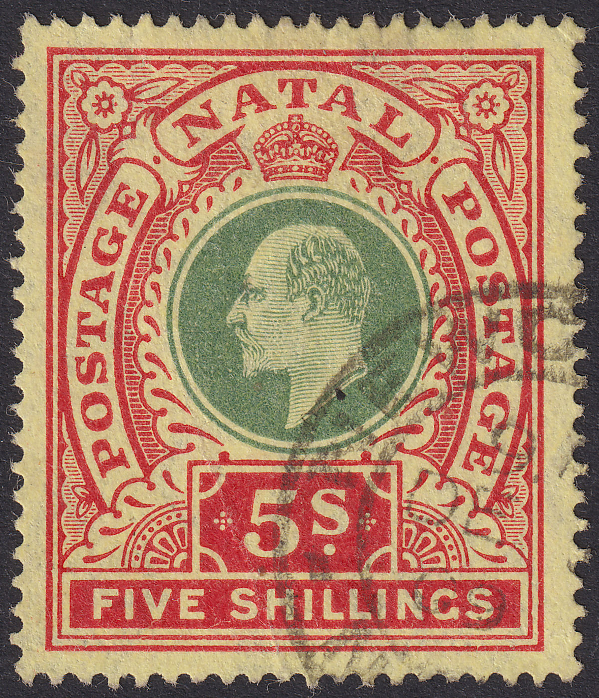 Natal 1908 KEVII 5sh Green and Red on Yellow Used SG169 cat £50