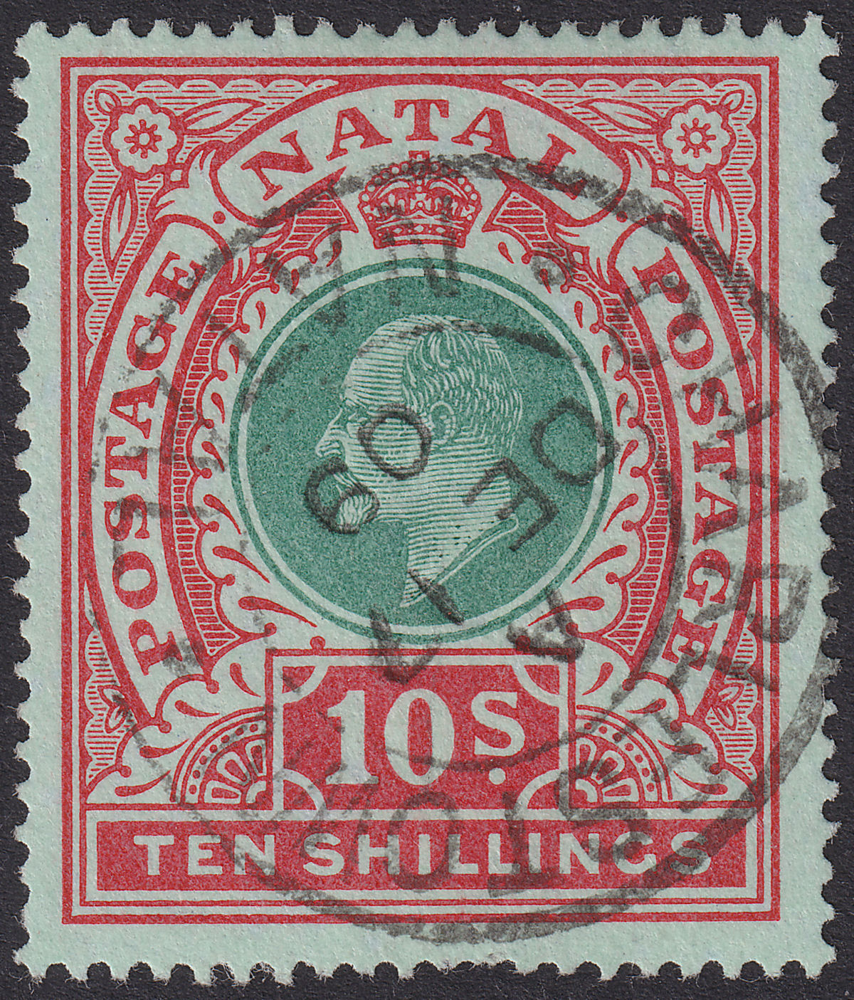 Natal 1909 KEVII 10sh Green and Red on Green Used SG170 cat £150