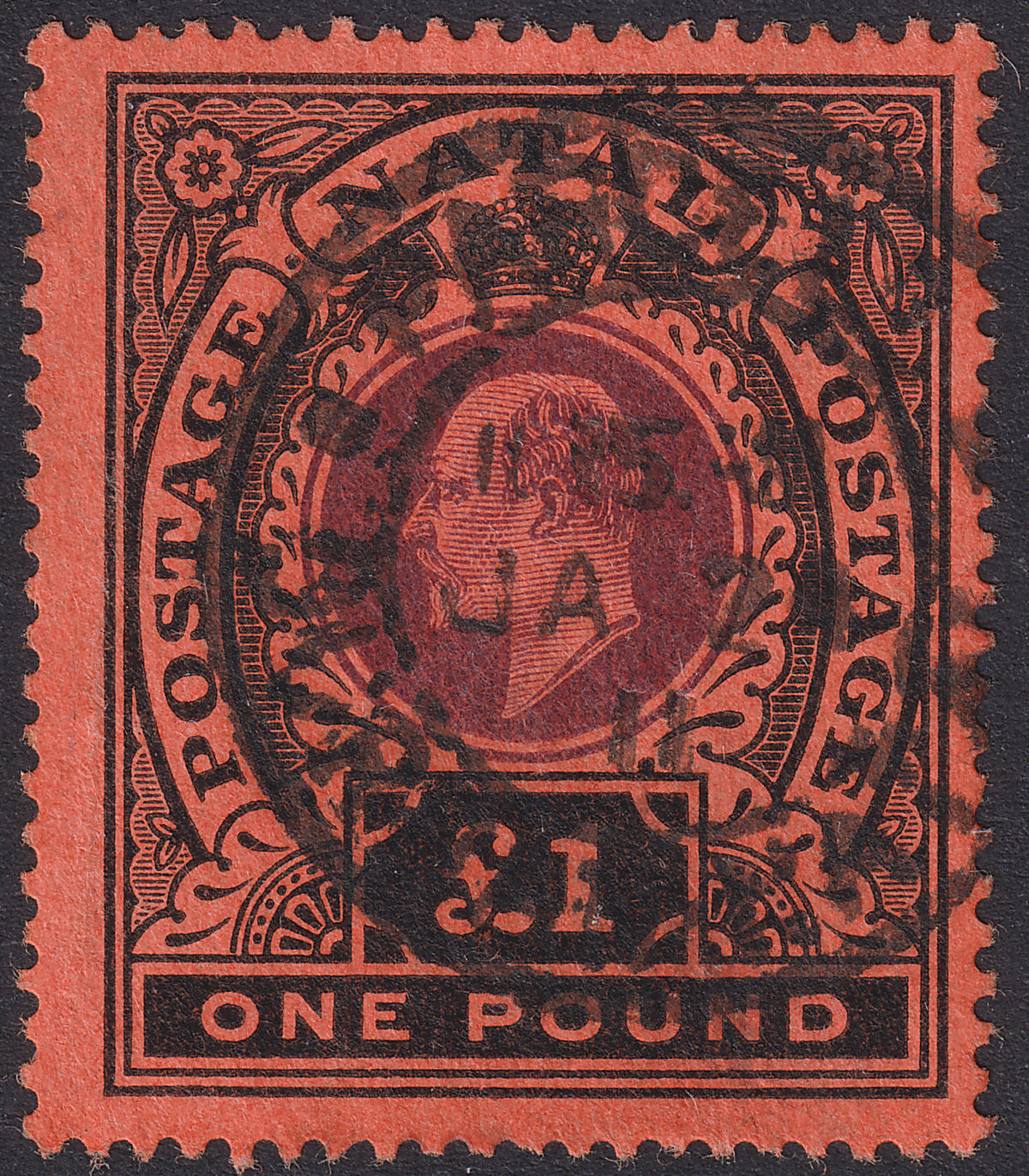 Natal 1911 KEVII £1 Purple and Black on Red Used SG171 cat £400 PINHOLE