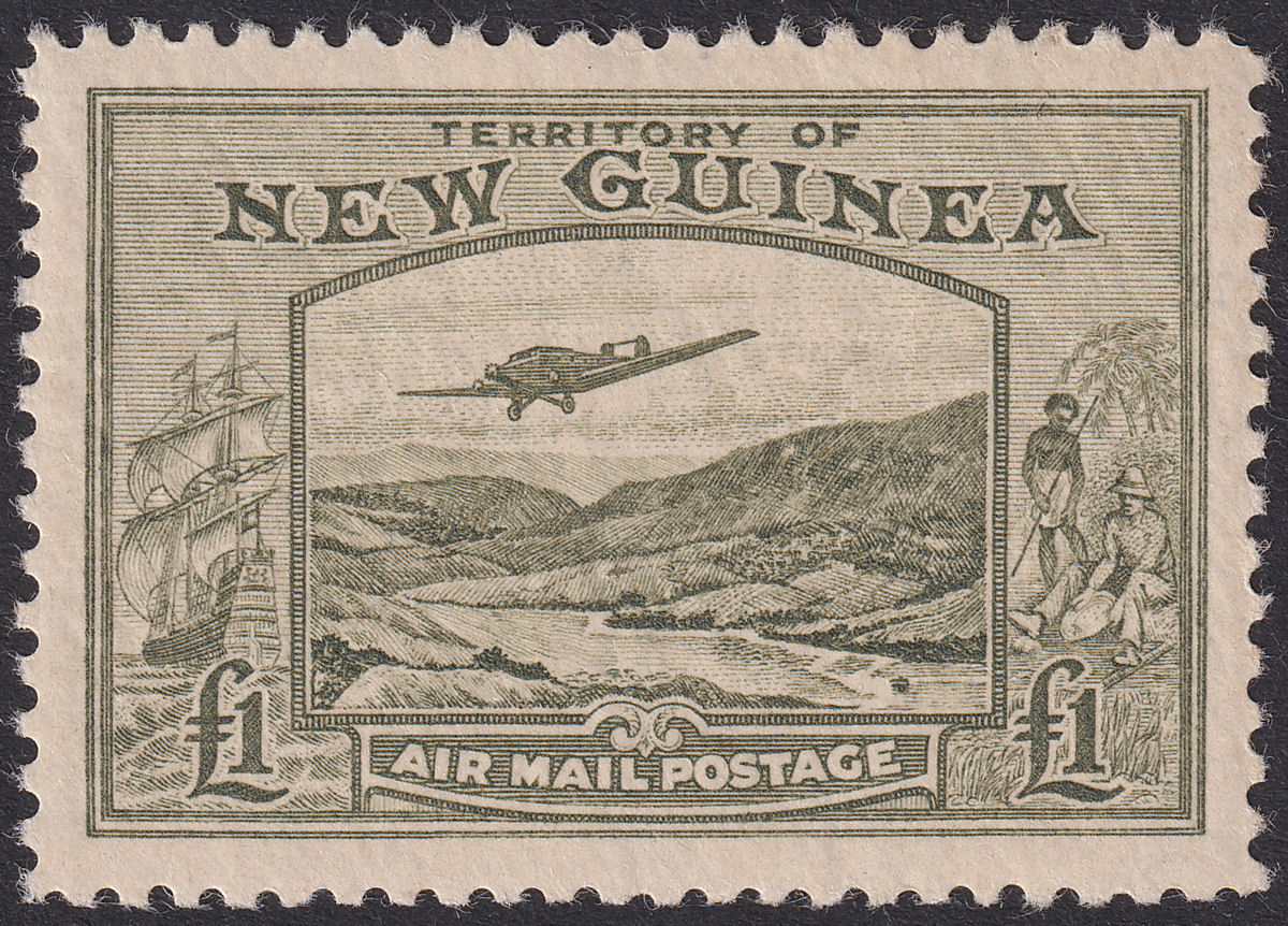 New Guinea 1939 KGVI Bulolo Airmail £1 Olive-Green Mint SG225 cat £140
