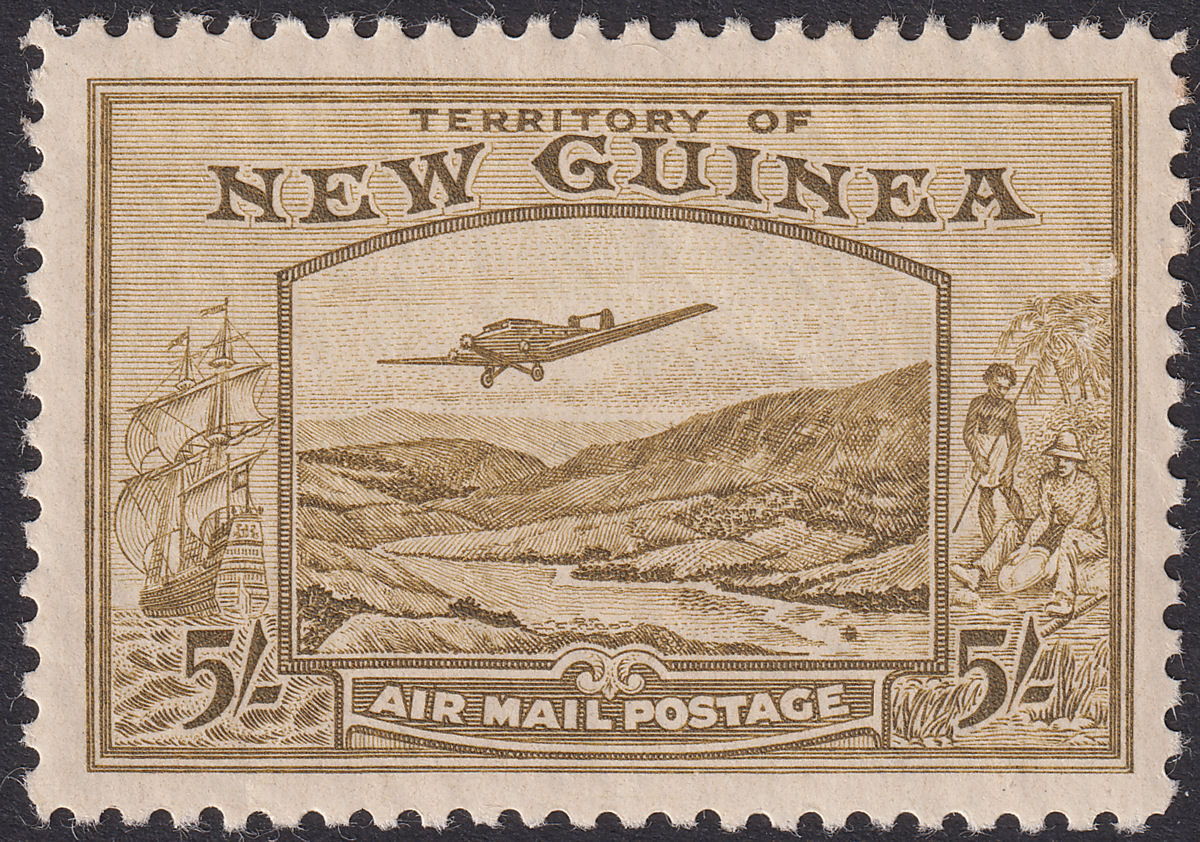 New Guinea 1939 KGVI Bulolo Airmail 5sh Olive-Brown Mint SG223 cat £190