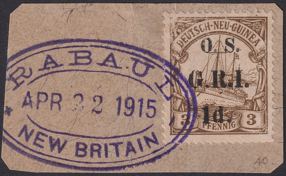 New Guinea Occupation 1915 OS GRI 1d Surcharge on 3pf Used Piece SG O1 cat £75