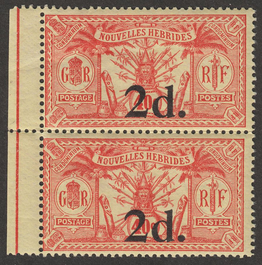 New Hebrides 1920 2d on 40c Red on Yellow No Watermark Pair Mint SG35