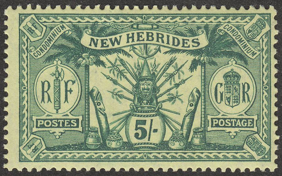 New Hebrides 1911 KGV Weapons and Idols 5f Green on Yellow Mint SG28