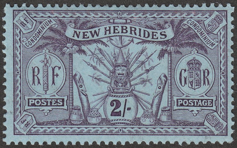New Hebrides 1911 KGV Weapons and Idols 2f Purple on Blue Mint SG27