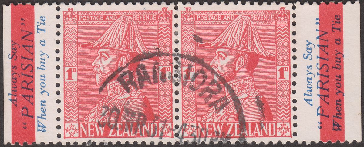 New Zealand 1928 KGV Field Marshal 1d Rose-Carmine Pair with Advert Used SG468