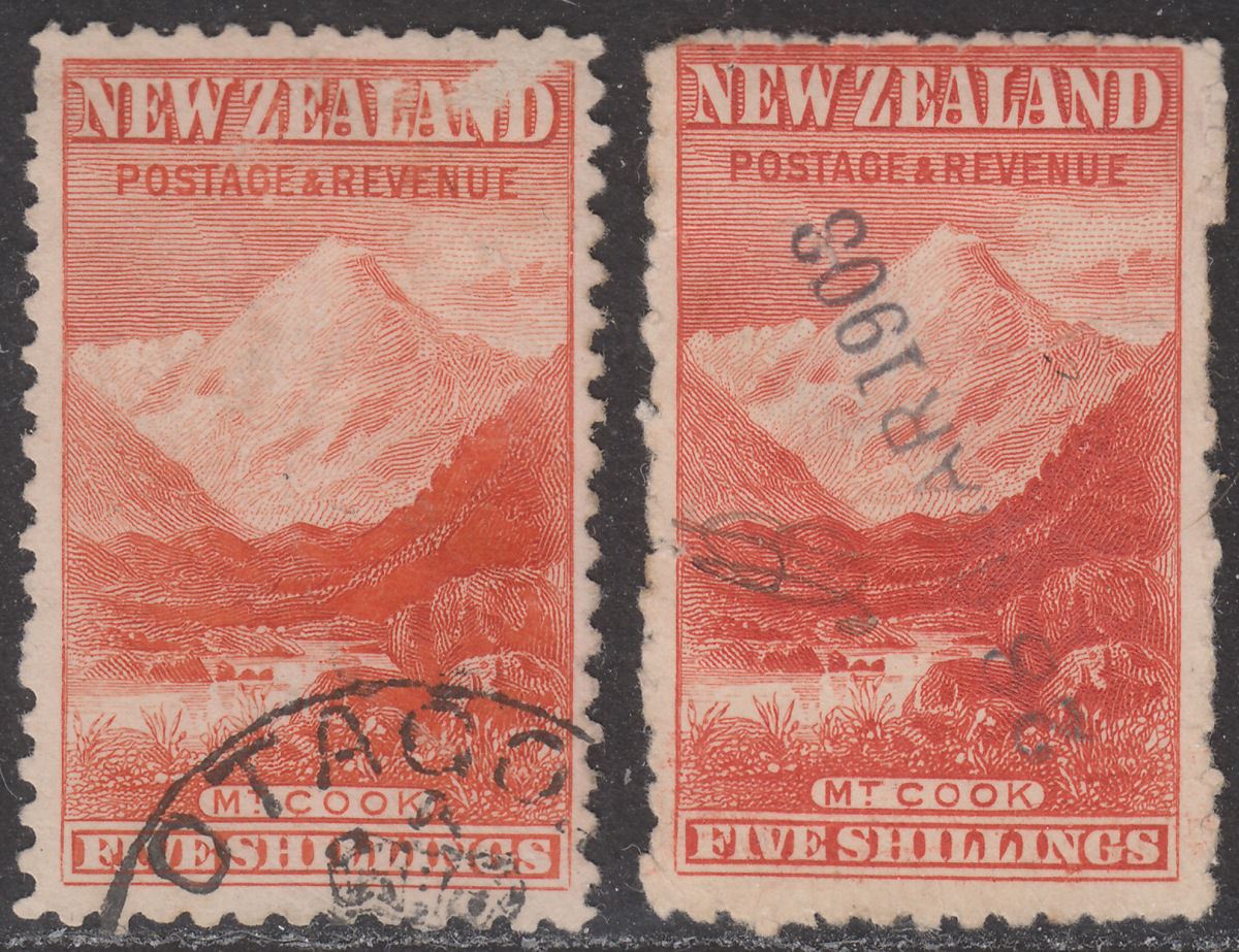 New Zealand 1899 QV Mount Cook 5sh p11 Shades Fiscally Used SG270-270a FAULTS