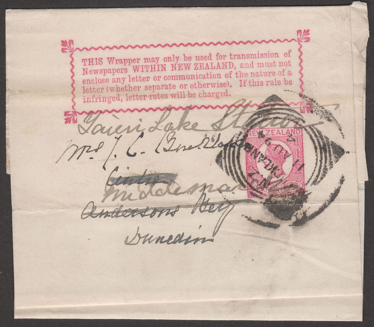 New Zealand 1894 QV ½d Postal Stationery Newspaper Wrapper Used Auckland 
