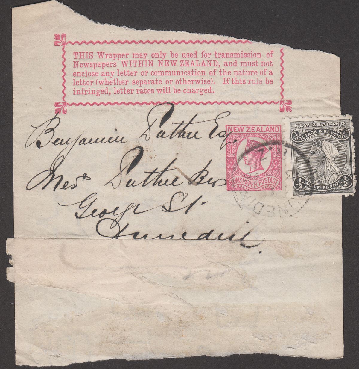 New Zealand 1896 QV ½d Uprating ½d Postal Stat Newspaper Wrapper Piece Used