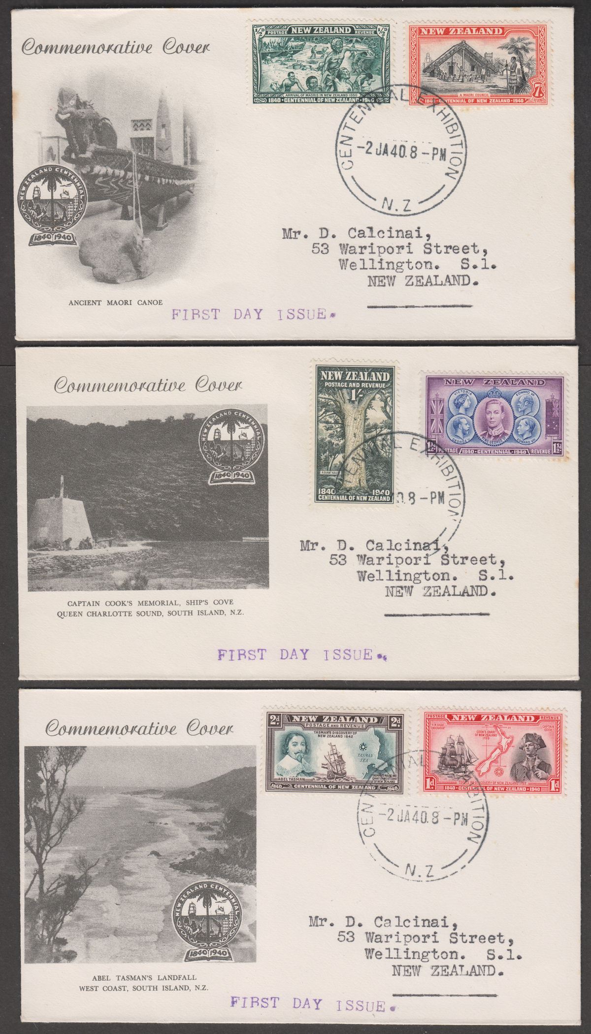 New Zealand 1940 KGVI Centennial Exhibition First Day Covers x 8